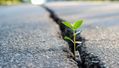 Small green plant growing out of crack in asphalt road. Environmental problems, urbanization, hope and new beginnings