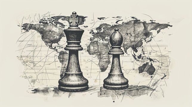 Two chess pieces on a world map, digital sketch, detailed linework, monochromatic tones, analytical and precise 8K , high-resolution, ultra HD,up32K HD