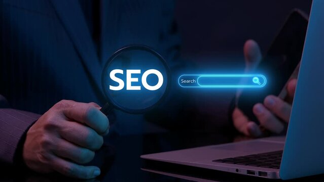 SEO search engine optimization concept. Marketing ranking traffic website, internet technology for business company. Magnifying glass focus on animation of search bar with SEO text icon.