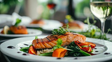 Gourmet Grilled Salmon with Vegetables and Quinoa in Elegant Restaurant Setting