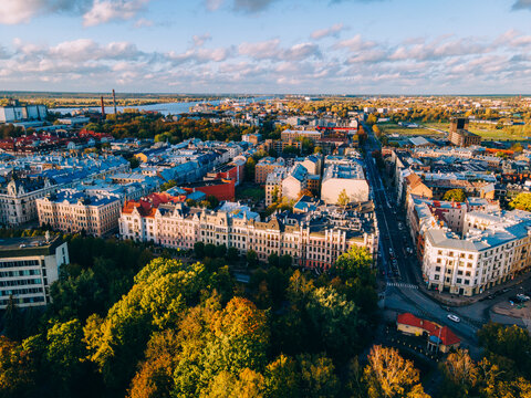 Aerial drone sunset view of the Art Nouveau District, Riga, Latvia