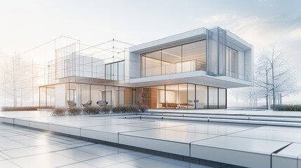 Fototapeta premium Modern house blueprint in digital 3D render, highlighting detailed architectural elements. Perfect for architectural and construction-related imagery