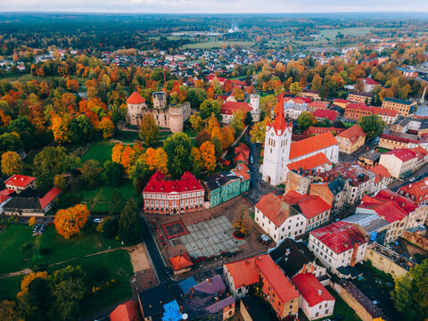 Aerial drone view of the Medieval Cesis Old Town, Cesis, Latvia, Baltics
