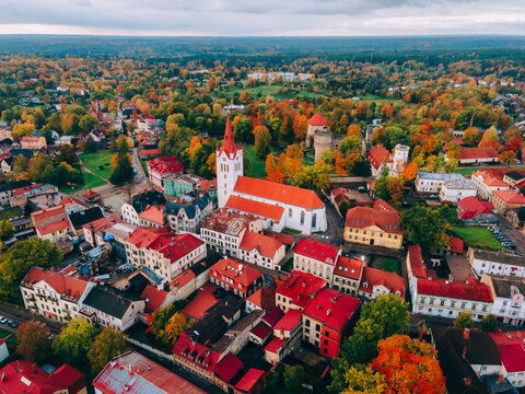 Aerial drone view of the Medieval Cesis Old Town, Cesis, Latvia, Baltics