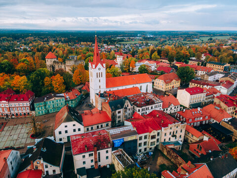 Aerial drone view of the Medieval Cesis Old Town, Cesis, Latvia, Baltics