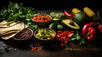 Colorful Mexican food ingredients, including avocado, salsa, and tortillas, presented on a rustic wooden table