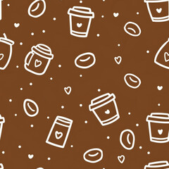seamless pattern of illustration cute cartoon of coffee bean, coffee cup and coffee mug isolated on dark brown background