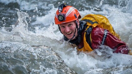 Man in Safety Helmet and Gear in Rapids
