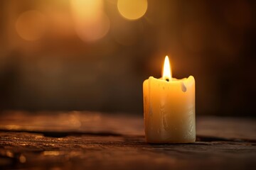 A single candle on a wooden background with a blurred backdrop suitable for advertising