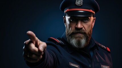 An authoritative and intense portrait of a uniformed officer pointing directly at the viewer, conveying law enforcement presence