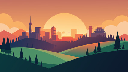 Vector Sunset over Eco-Friendly Environment City and Town with Rolling Hills 