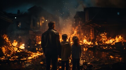 A poignant image showing a family of three standing in front of the ruins of a burnt house at night