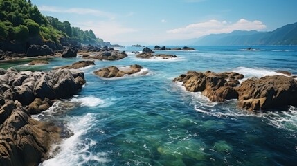 A clear and tranquil day at a rocky coastline, with calm sea waters and a mountainous backdrop