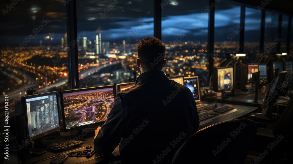 Poster a control room operator is focused on monitoring security screens overlooking an illuminated night c