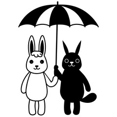 Cute rabbit and unicorn holding umbrella cartoon vector icon illustration 