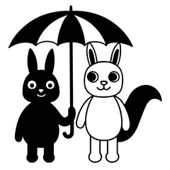 Cute rabbit and unicorn holding umbrella cartoon vector icon illustration 