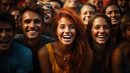 Cheerful crowd of diverse people sharing a moment of laughter and happiness at an outdoor social gathering