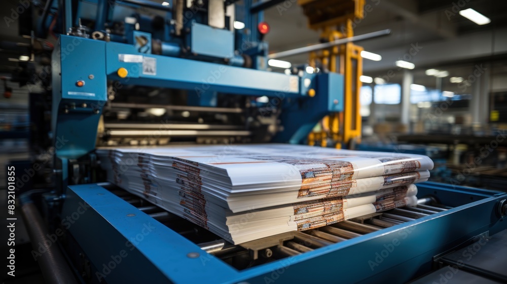 Poster the image showcases a printing press machine during production with stacks of freshly printed newspa