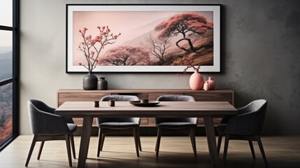 A sleek dining space featuring a wooden table, comfortable chairs, and an evocative nature-themed framed artwork