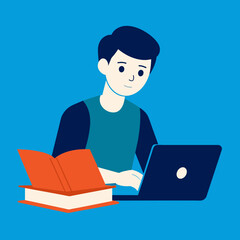 A man seated on the book on a laptop computer Study for isolated