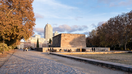 View of the ancient Nubian Temple of Debod, dismantled as part of the International Campaign to Save the Monuments of Nubia, rebuilt in Parque de la Montana, Madrid, Spain