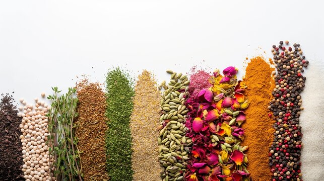 different types of various dried herbs and spices arranged vertical on white background. copy space, place for text 