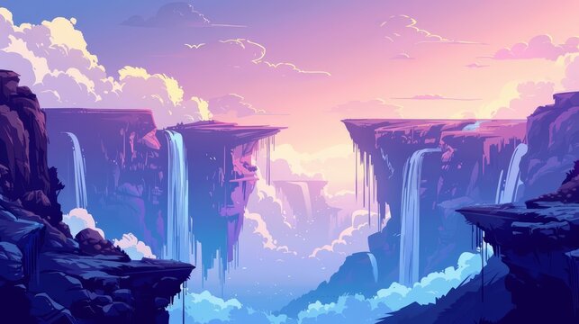Amazing landscape view of a valley with waterfalls cascading from floating mountains, retro color, illustration template