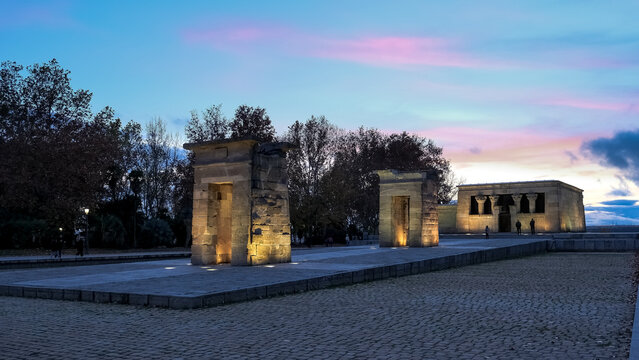 View of the ancient Nubian Temple of Debod, dismantled as part of the International Campaign to Save the Monuments of Nubia, rebuilt in Parque de la Montana, Madrid, Spain