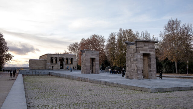 View of the ancient Nubian Temple of Debod, dismantled as part of the International Campaign to Save the Monuments of Nubia, rebuilt in Parque de la Montana, Madrid, Spain