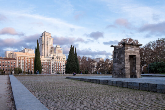 View of the ancient Nubian Temple of Debod, dismantled as part of the International Campaign to Save the Monuments of Nubia, rebuilt in Parque de la Montana, Madrid, Spain