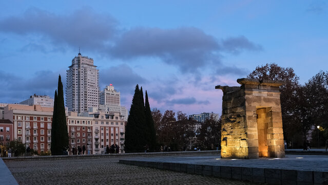 View of the ancient Nubian Temple of Debod, dismantled as part of the International Campaign to Save the Monuments of Nubia, rebuilt in Parque de la Montana, Madrid, Spain