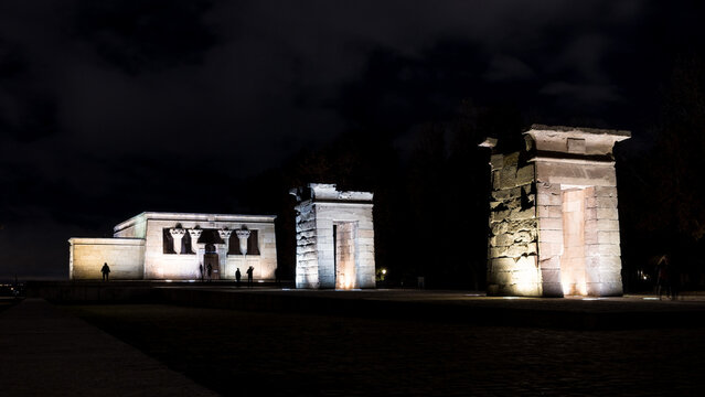 View of the ancient Nubian Temple of Debod, dismantled as part of the International Campaign to Save the Monuments of Nubia, rebuilt in Parque de la Montana, Madrid, Spain