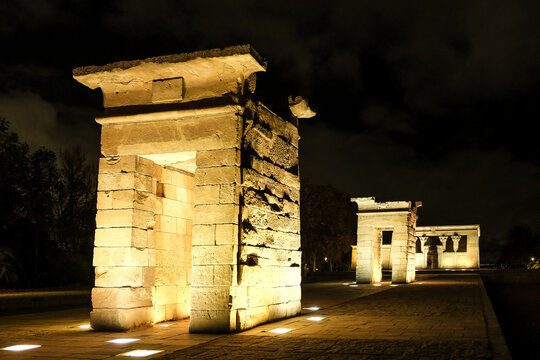 View of the ancient Nubian Temple of Debod, dismantled as part of the International Campaign to Save the Monuments of Nubia, rebuilt in Parque de la Montana, Madrid, Spain