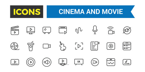 Cinema and movies icon set. Simple Set of Movies and Cinema Line Icons. Editable vector icon and illustration.