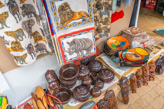 View of colourful souvenirs in Moremela village at Bourke's Luck Potholes, Blyde River Canyon Nature Reserve, Moremela, Mpumalanga Province, South Africa