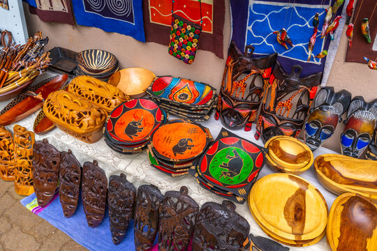View of colourful souvenirs in Moremela village at Bourke's Luck Potholes, Blyde River Canyon Nature Reserve, Moremela, Mpumalanga Province, South Africa