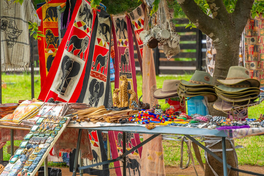 View of colourful souvenirs in Moremela village at Bourke's Luck Potholes, Blyde River Canyon Nature Reserve, Moremela, Mpumalanga Province, South Africa