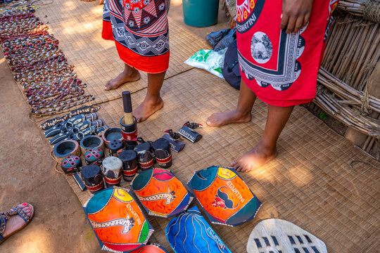 View of hand crafted souvenirs in Mantenga Cultural Village a traditional Eswatini settlement, Malkerns, Eswatini