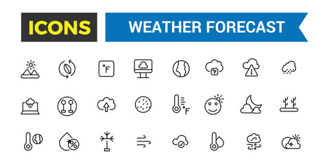 Weather forecast icon set, vector, thin line icons collection. Editable vector icon and illustration.