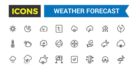 Weather forecast icon set, vector, thin line icons collection. Editable vector icon and illustration.