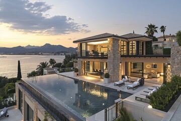 Obraz premium Luxurious modern beach house with infinity pool, ocean view, and sunset creating a serene and elegant vacation retreat