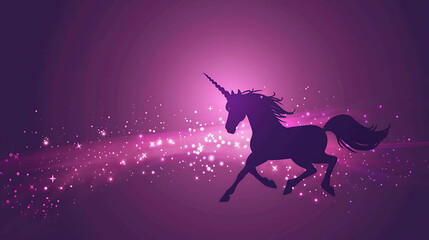 A beautiful unicorn is running in a field of stars. The unicorn is white with a long, flowing mane and tail. The stars are pink and purple.