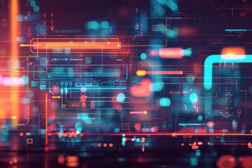 Concept of a company optimizing search engine performance SEO, illustrated in cyberpunk styles with a sharpen hitech banner and a blurry cityscape background