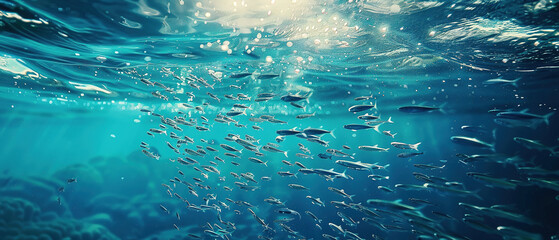 flock of young small school fish under water background ocean