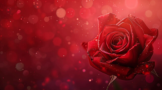 Red rose in full bloom against a blurred red background with bokeh lights.