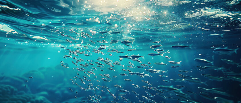 flock of young small school fish under water background ocean