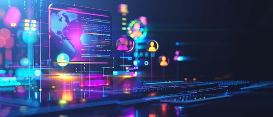 Concept of customer relationship management CRM improving customer retention, depicted in 3D styles with a holographic display and a sharpen banner with copy space