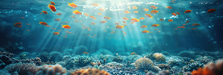 Fototapeta premium flock of young small school fish under water background ocean