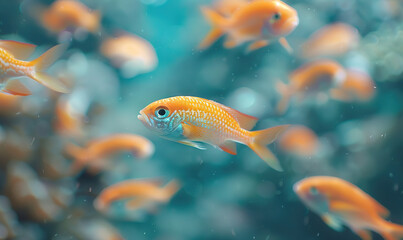 Naklejka premium flock of young small school fish under water background ocean