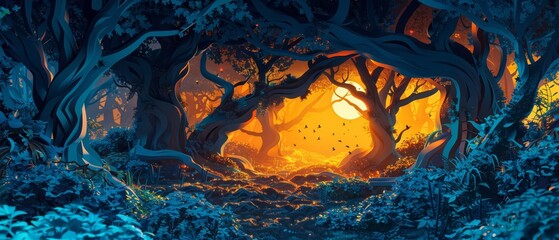 Creative paper art of a mystical forest at dawn, with ethereal light filtering through ancient trees and magical creatures, cyber color, illustration template